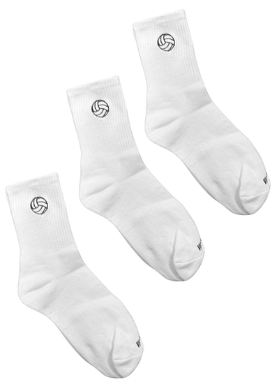 Three white crew socks with a volleyball emblem on the ankle area, displayed in a triangular arrangement.